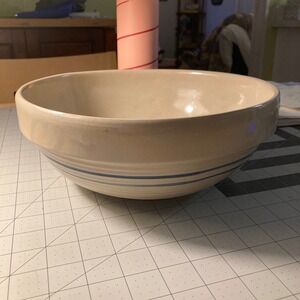 Vintage Marshall Pottery 4 x 11"  Double Blue Stripe Stoneware Bowl Tan Blue